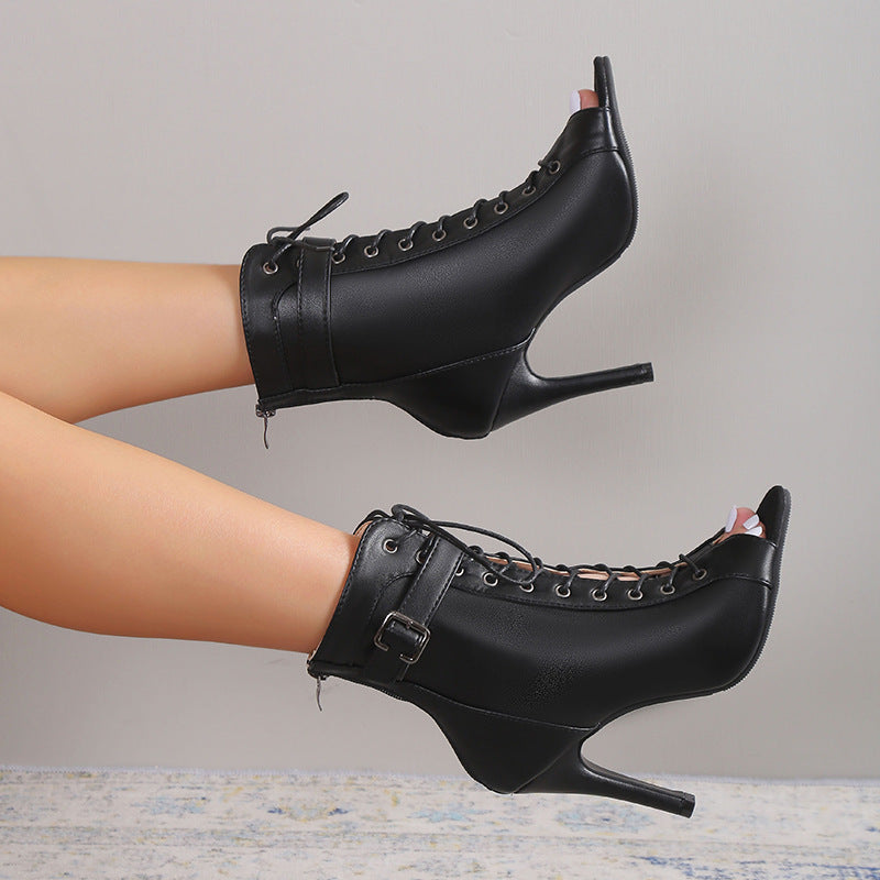 Women's Lace Up High Heel Peep Toe Sandals with Zipper