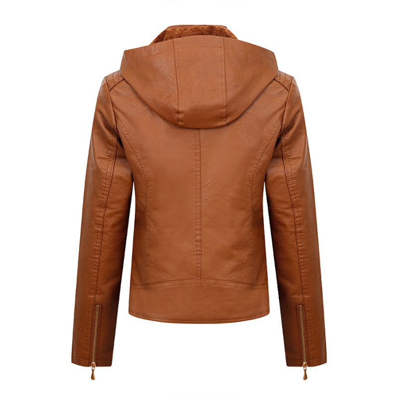 Women's Plush Hooded Leather Jacket Slim Fit Winter Warm Coat