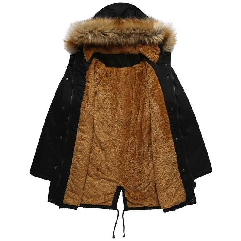 Women's Hooded Fur Collar Velvet Lined Medium Winter Jacket