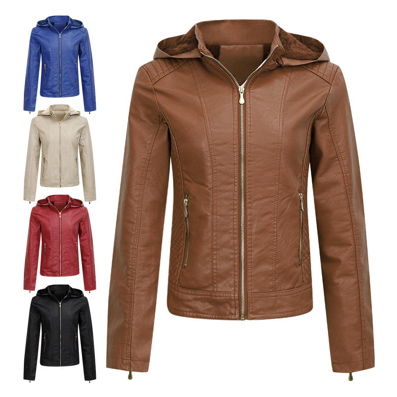 Women's Plush Hooded Leather Jacket Slim Fit Winter Warm Coat