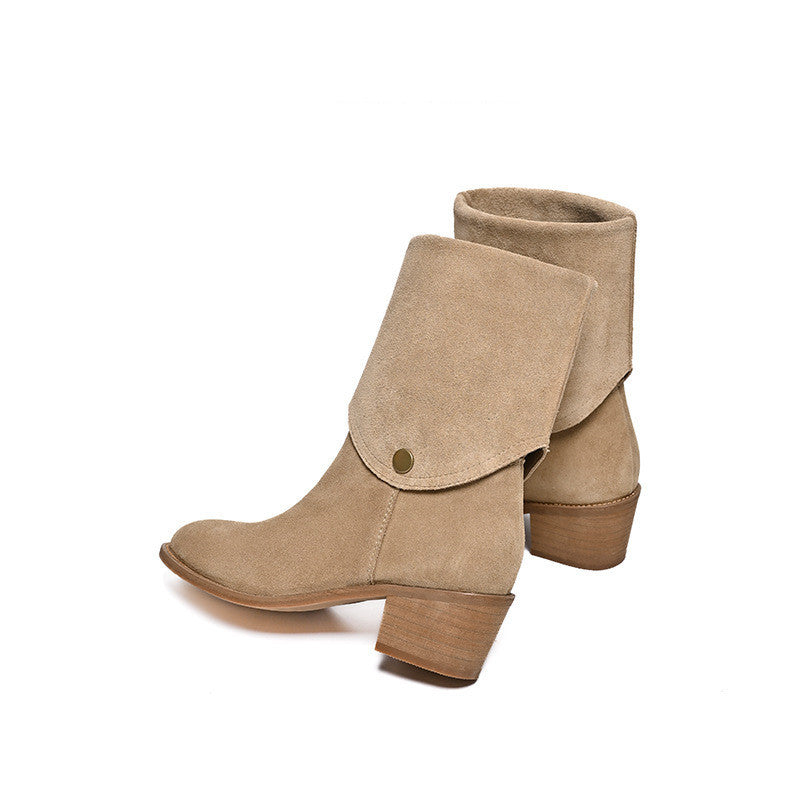Matte Cowhide Western Denim Pointed-toe Short Tube Boots ( Pile Style , All-matching )