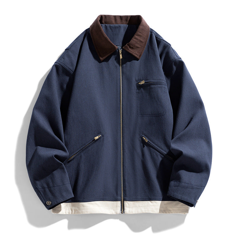 Men's Washed Polo Collar Jacket with Contrast Color British Style