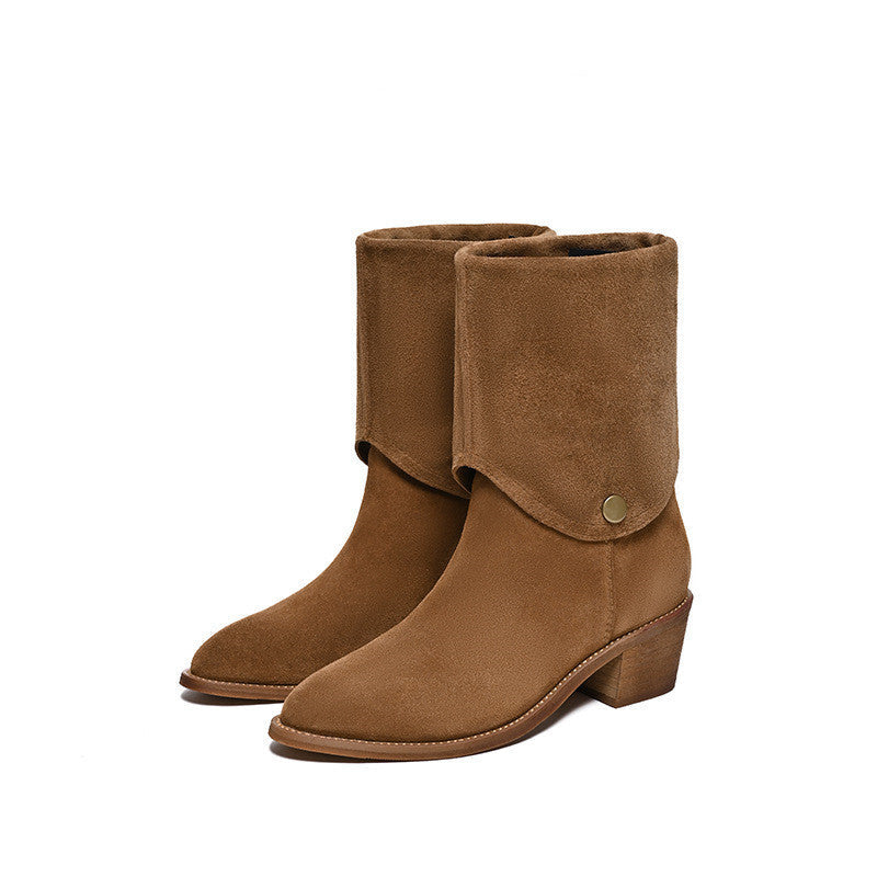 Matte Cowhide Western Denim Pointed-toe Short Tube Boots ( Pile Style , All-matching )
