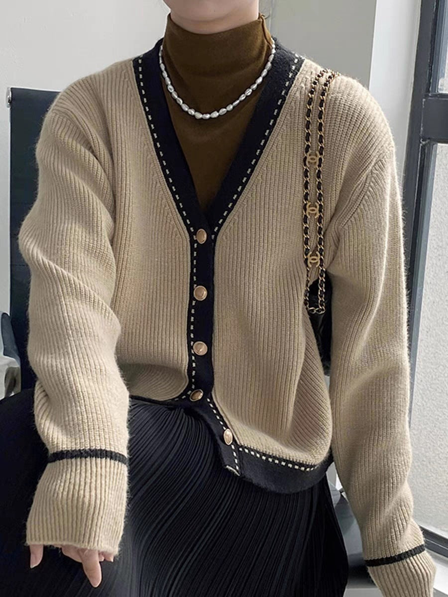 Women's Loose V-Neck Knitted Slimming Bedford Cord Sweater