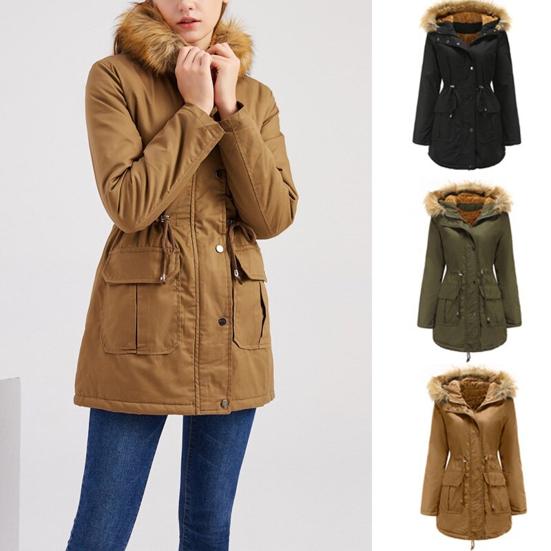 Women's Hooded Fur Collar Velvet Lined Medium Winter Jacket