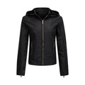 Women's Plush Hooded Leather Jacket Slim Fit Winter Warm Coat