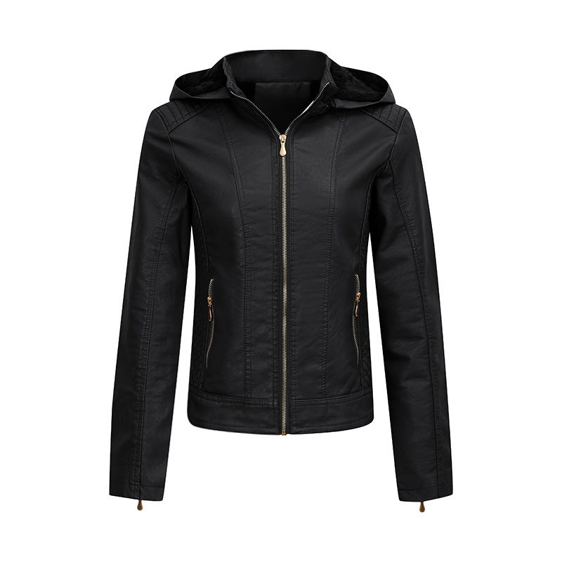 Women's Plush Hooded Leather Jacket Slim Fit Winter Warm Coat