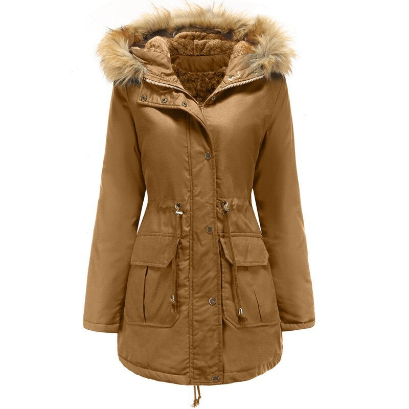 Women's Hooded Fur Collar Velvet Lined Medium Winter Jacket