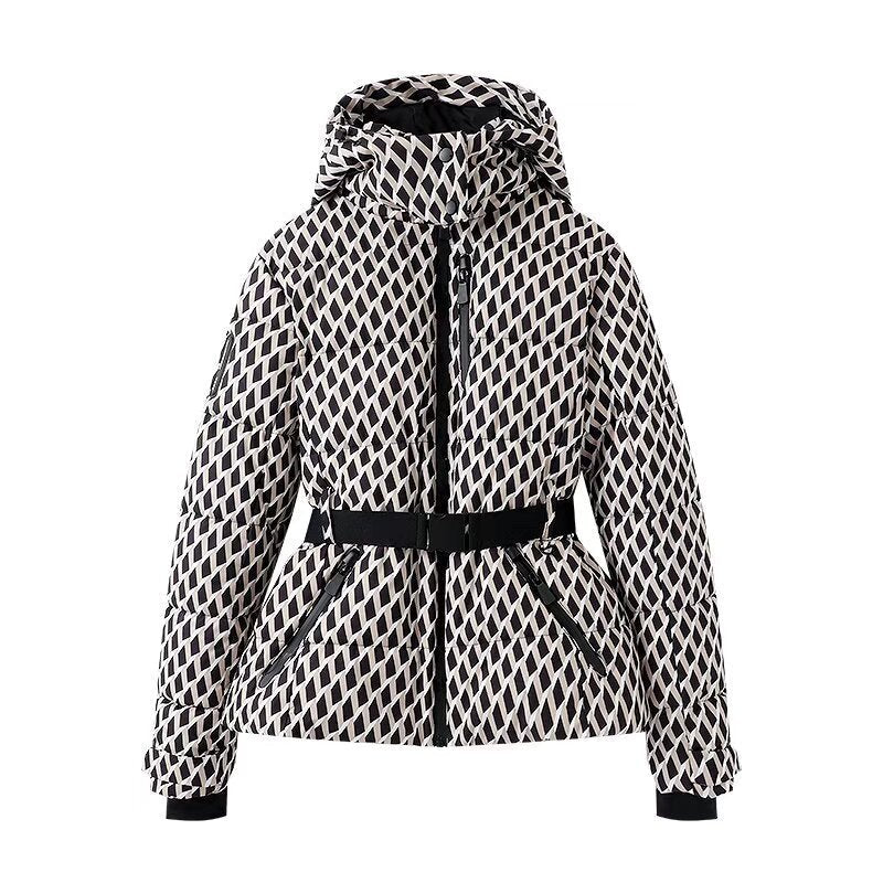 Women's Belted Down Jacket Warm Plaid Winter Street Style Fashion