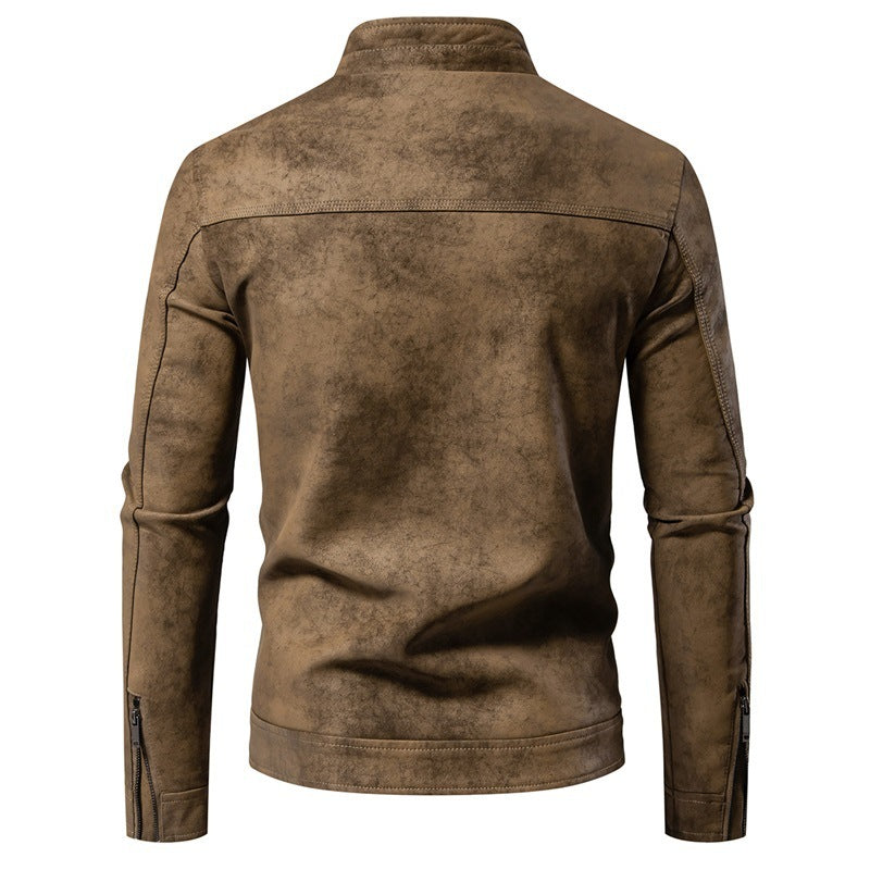 Men's Retro Tie Dyed Leather Jacket with Warm Lining for Winter