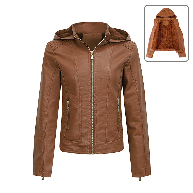 Women's Plush Hooded Leather Jacket Slim Fit Winter Warm Coat