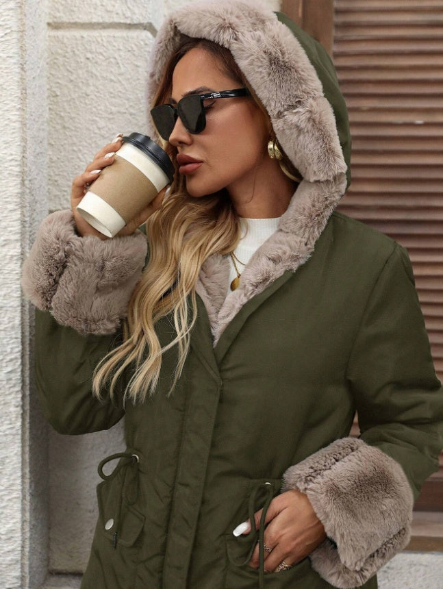 Women's Warm Fur Lined Hooded Parka Padded Winter Jacket