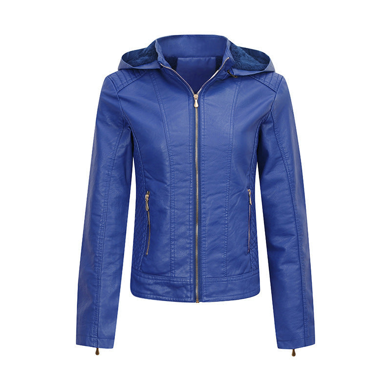 Women's Plush Hooded Leather Jacket Slim Fit Winter Warm Coat