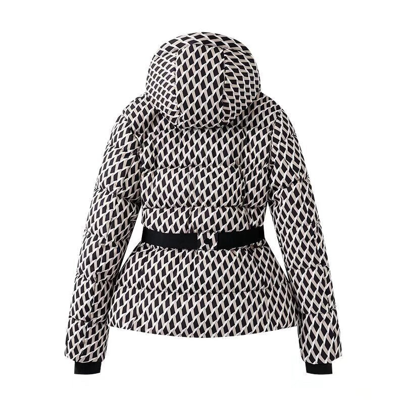 Women's Belted Down Jacket Warm Plaid Winter Street Style Fashion