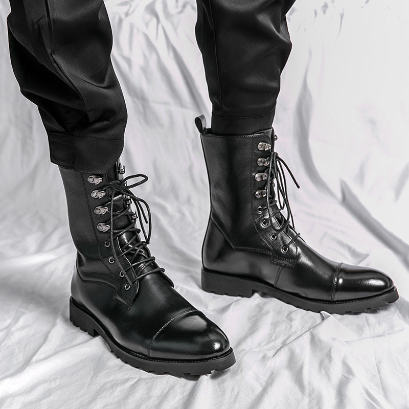 Men's Leather Denim Boots Casual Lace Up Fall Winter Footwear