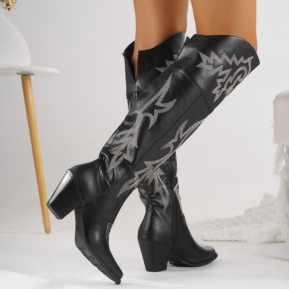 Women's Western Denim Over The Knee  Zipper Boots