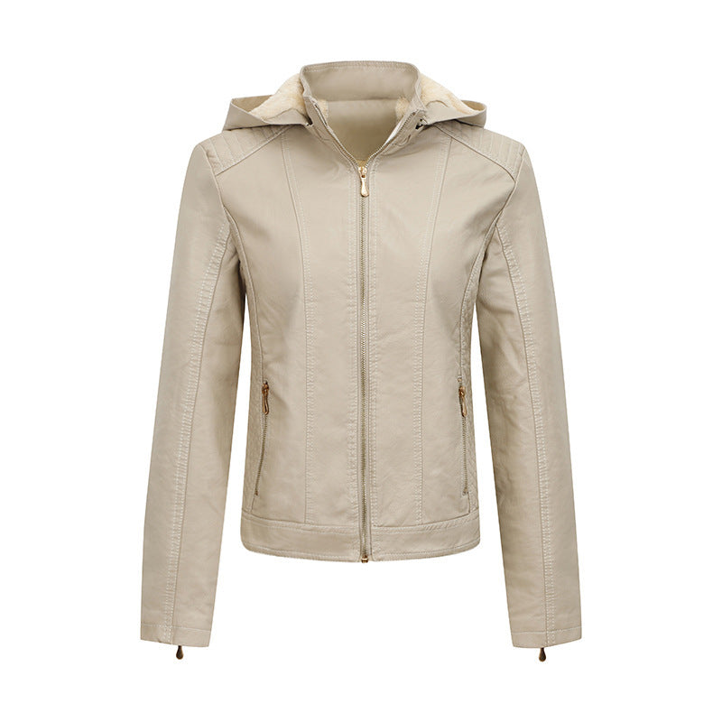Women's Plush Hooded Leather Jacket Slim Fit Winter Warm Coat