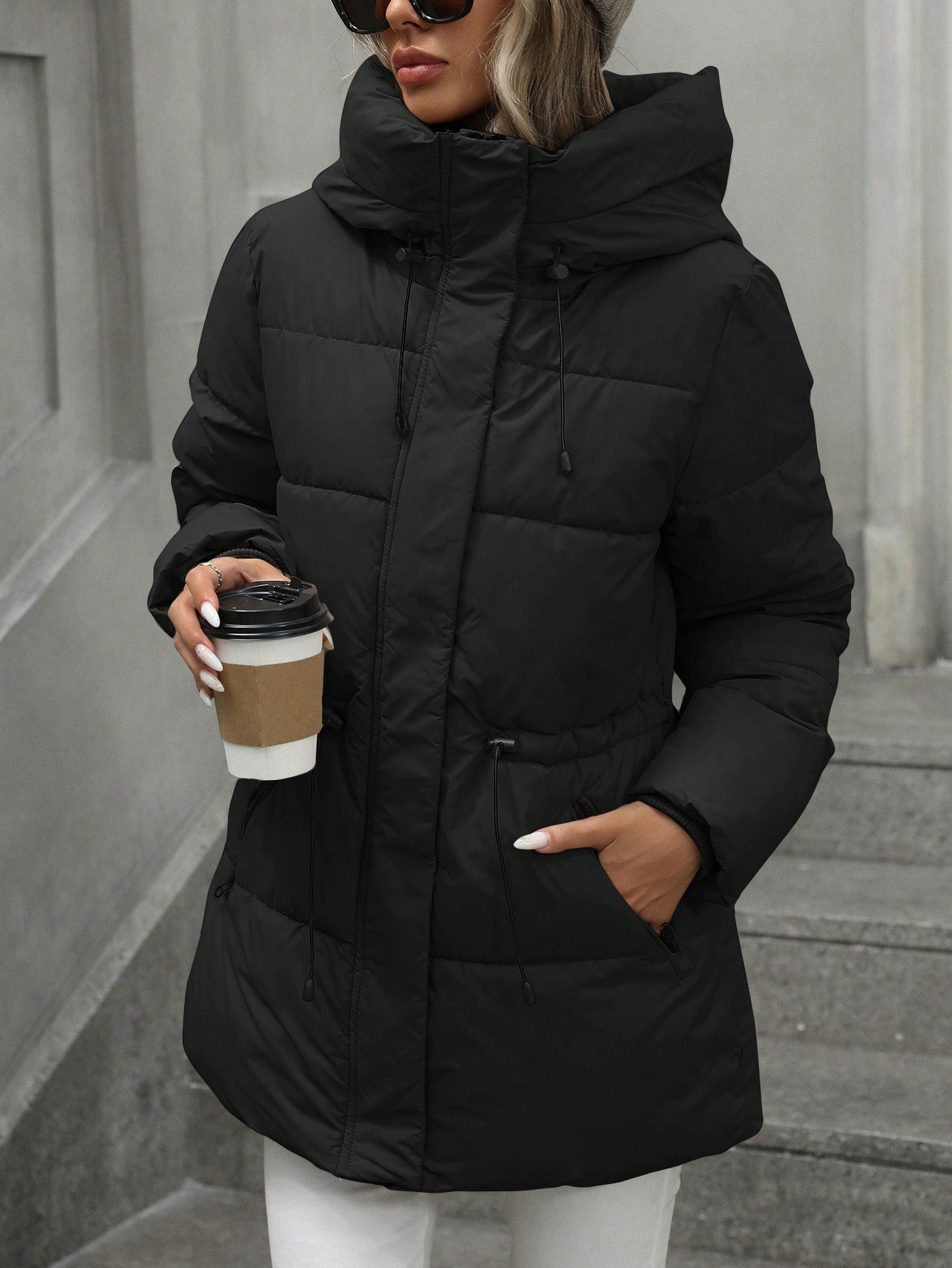 Women's Hooded Quilted Mid Length Winter Coat Adjustable Waist Warm