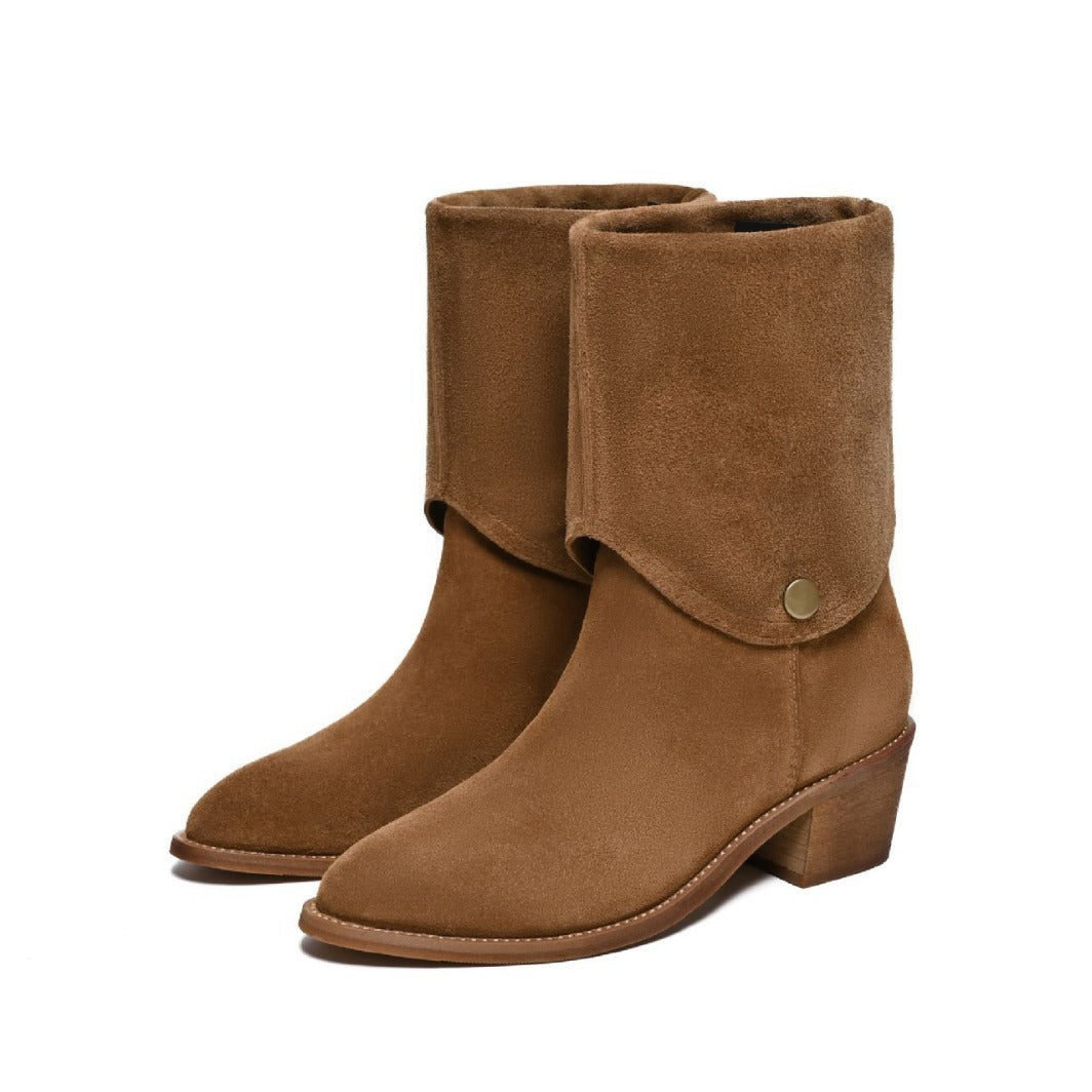 Matte Cowhide Western Denim Pointed-toe Short Tube Boots ( Pile Style , All-matching )