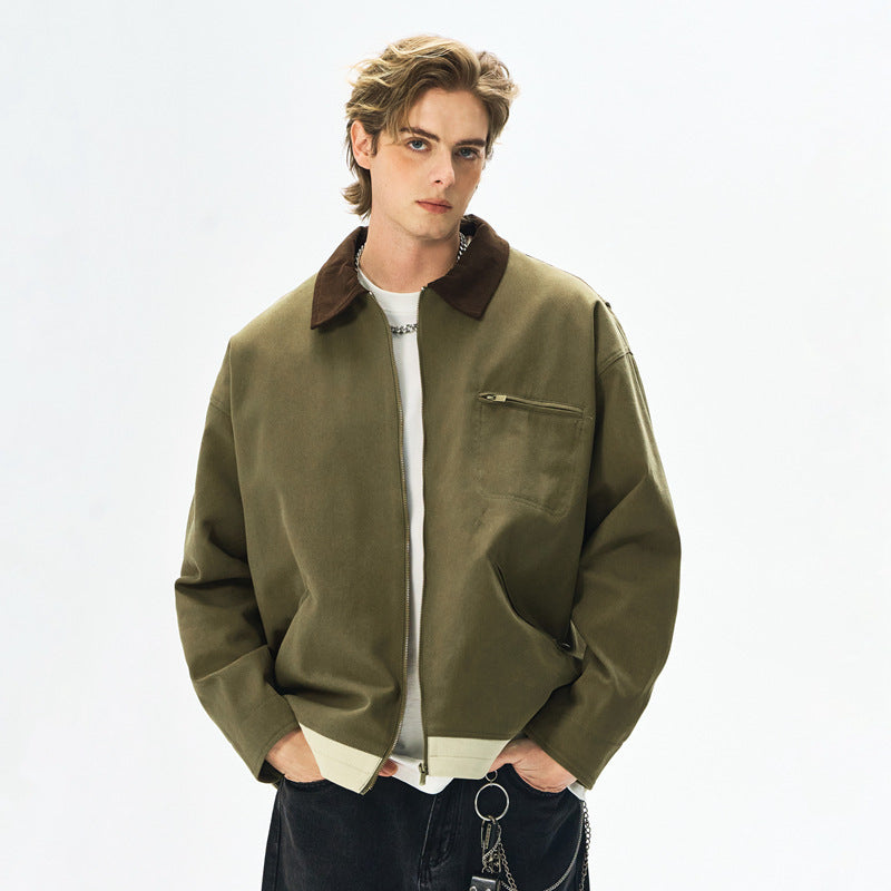 Men's Washed Polo Collar Jacket with Contrast Color British Style