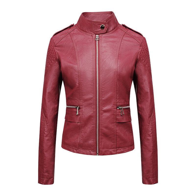 Women's Slim Fit PU Leather Motorcycle Jacket with Zipper Design