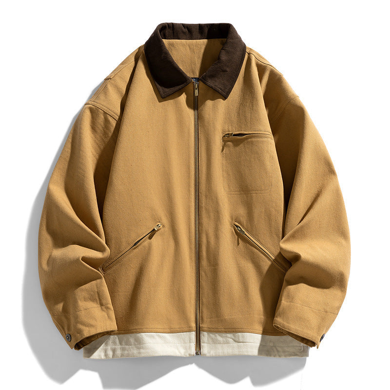 Men's Washed Polo Collar Jacket with Contrast Color British Style